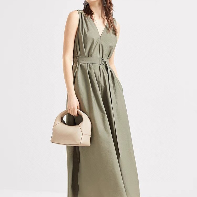 Solid color all-match V-neck pleated vest dress (non-detachable belt)