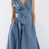Solid color all-match V-neck pleated vest dress (non-detachable belt)