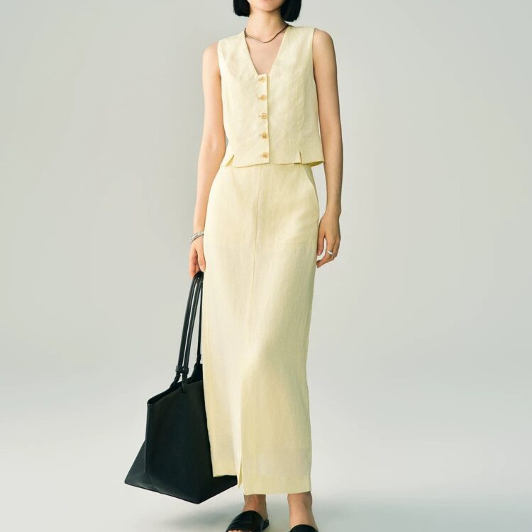 Tencel Linen Vest and Slit Skirt Set