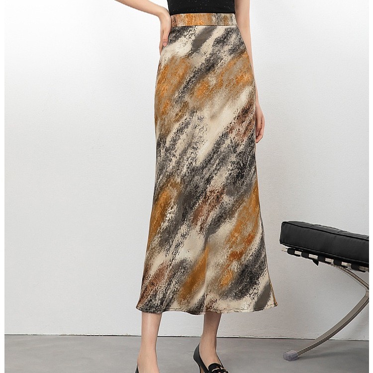 Silk satin abstract print thin high waisted hip fishtail skirt