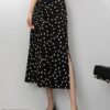 Polka dot floral high waist slimming slit A-line skirt
