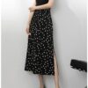 Polka dot floral high waist slimming slit A-line skirt