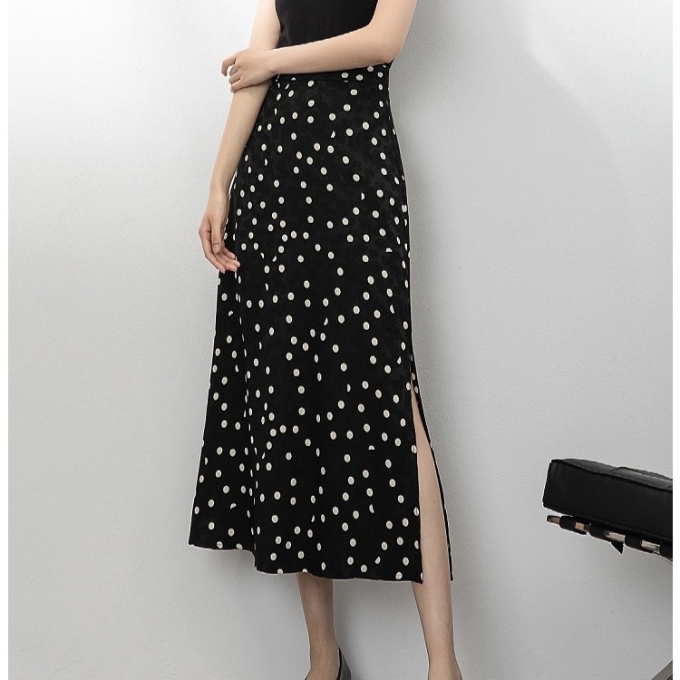 Polka dot floral high waist slimming slit A-line skirt