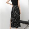 Polka dot floral high waist slimming slit A-line skirt