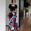 Artistic retro contrast color cotton printed semi-elastic high waist skirt