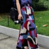 Artistic retro contrast color cotton printed semi-elastic high waist skirt