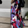Artistic retro contrast color cotton printed semi-elastic high waist skirt