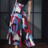 Artistic retro contrast color cotton printed semi-elastic high waist skirt