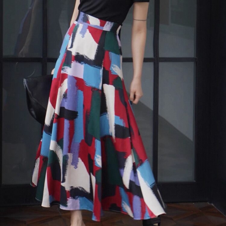 Artistic retro contrast color cotton printed semi-elastic high waist skirt