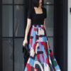 Artistic retro contrast color cotton printed semi-elastic high waist skirt