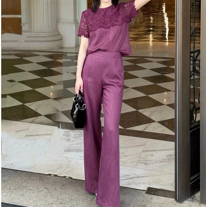 Purple linen top and straight pants set