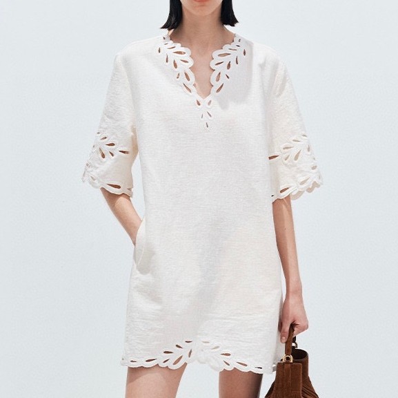 Hollow embroidery linen A-line slim dress