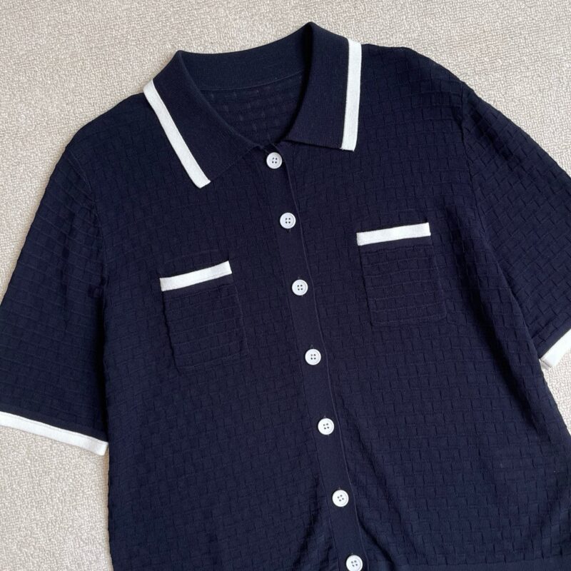 Classic Contrast Collar Short Sleeve Mesh Cardigan