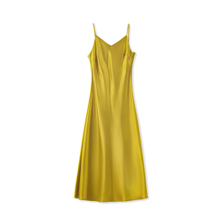 Acetate satin V-neck elegant waist-cinching suspender dress