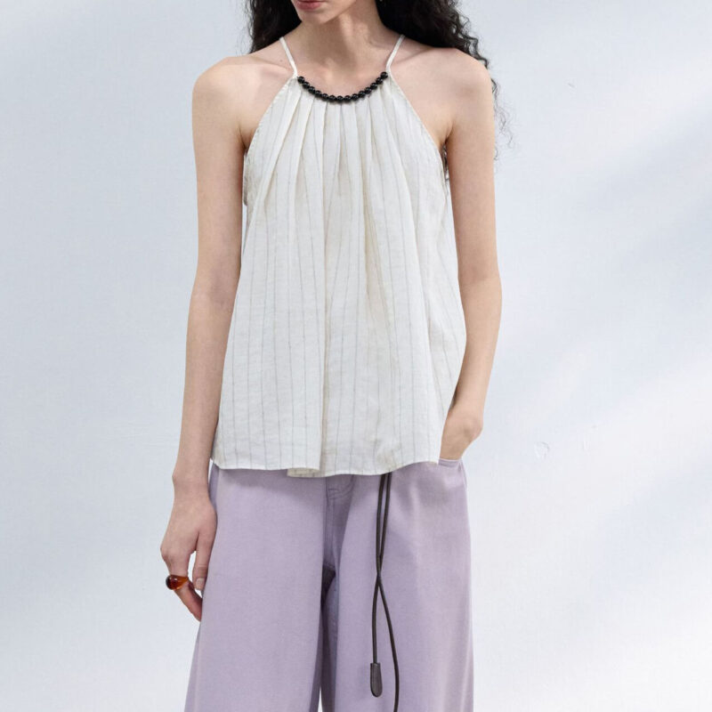 Agate Bead Striped Linen Camisole Top 2