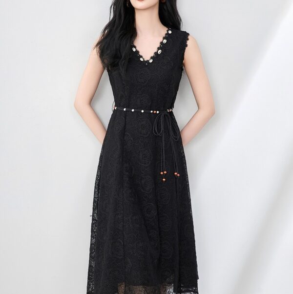 Apricot and Black V Neck Holiday Embroidered Crewneck Tank Dress 9