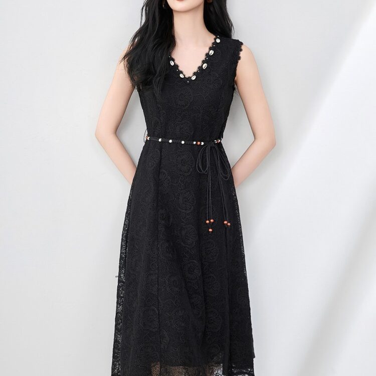 Apricot and Black V-Neck Holiday Embroidered Crewneck Tank Dress