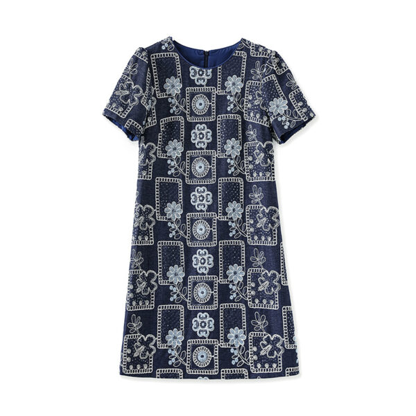 Apricot and Blue French Vintage Sequin Embroidery Denim Dress 1