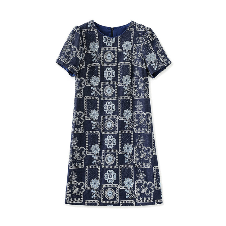 Apricot and Blue French Vintage Sequin Embroidery Denim Dress