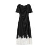 Apricot and black acetate satin jacquard lace short sleeved dress 1