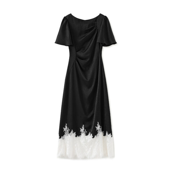 Apricot and black acetate satin jacquard lace short sleeved dress 1