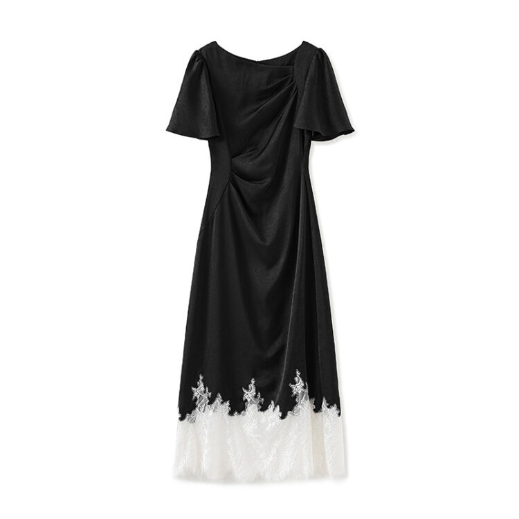 Apricot and black acetate satin jacquard lace short-sleeved dress