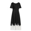 Apricot and black acetate satin jacquard lace short sleeved dress 10