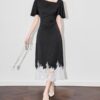 Apricot and black acetate satin jacquard lace short sleeved dress 11