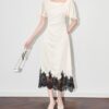 Apricot and black acetate satin jacquard lace short sleeved dress 8