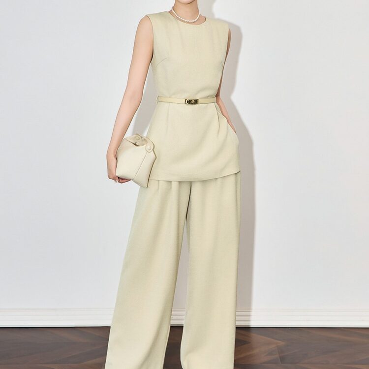 Apricot and black sleeveless top and wide-leg pants set