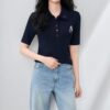 Apricot and navy lapel knit top with bear embroidery