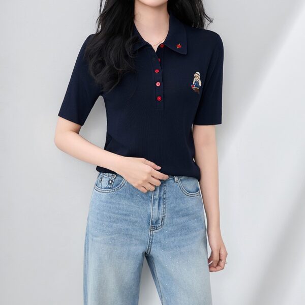 Apricot and navy lapel knit top with bear embroidery