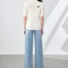 Apricot and navy lapel knit top with bear embroidery