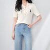 Apricot and navy lapel knit top with bear embroidery