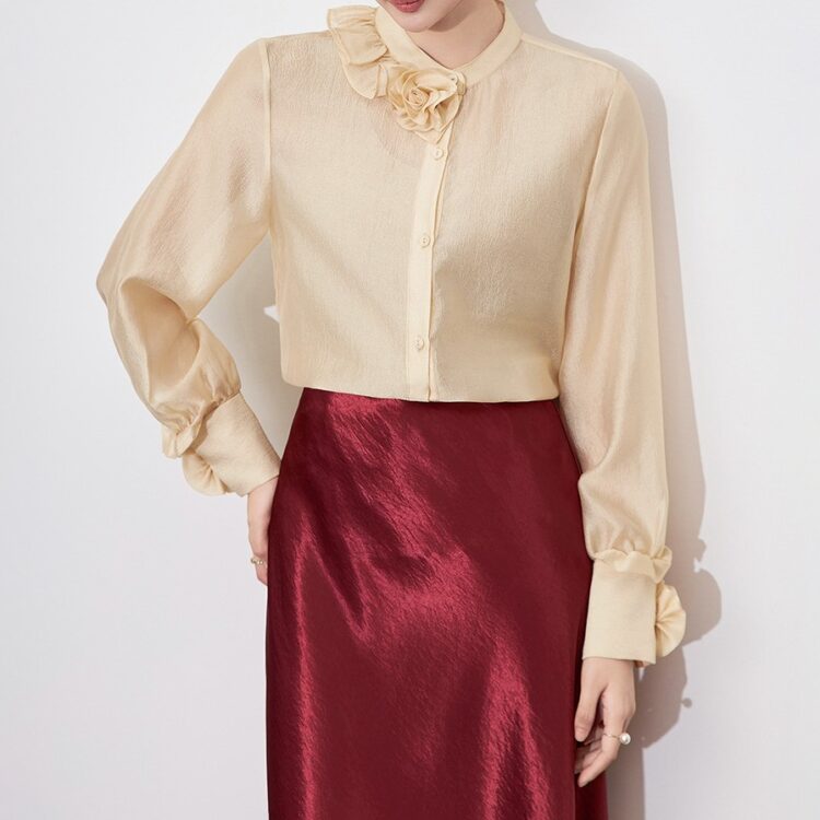 Apricot and red Tencel bubble crepe shirt