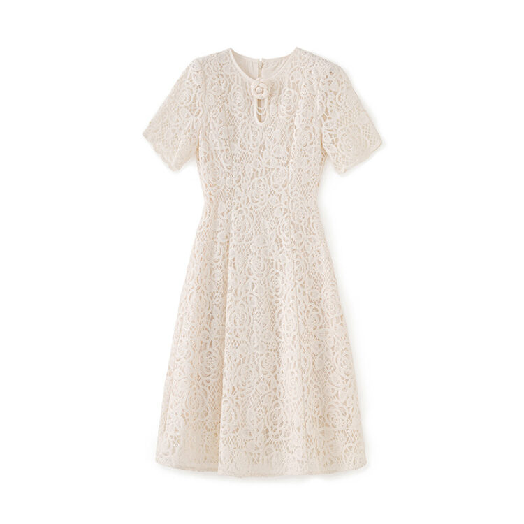 Apricot embroidered lace crew neck dress
