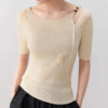 Beaded Boat Neck Openwork Knit Top 1