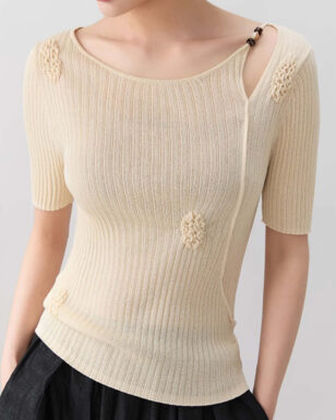 Beaded Boat Neck Openwork Knit Top