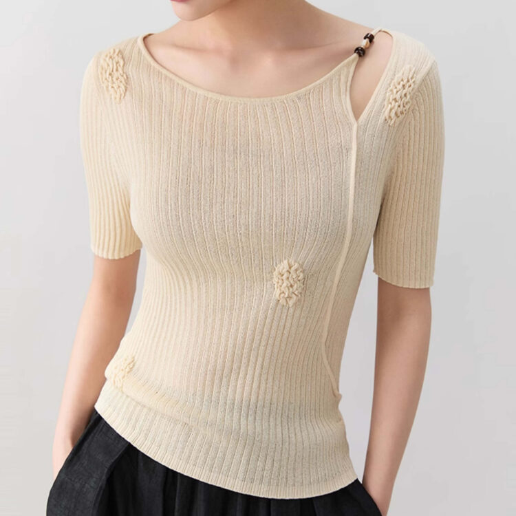 Beaded Boat Neck Openwork Knit Top