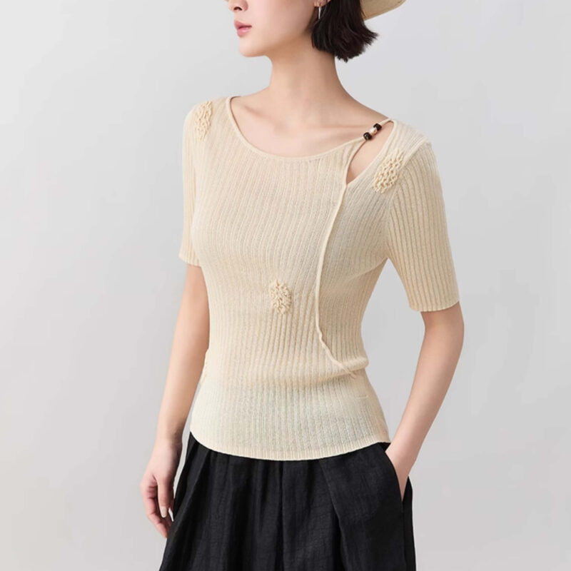 Beaded Boat Neck Openwork Knit Top 2