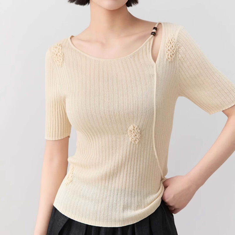 Beaded Boat Neck Openwork Knit Top 7