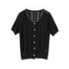 Beaded Round Neck Tencel Hollow Short Sleeve Cardigan