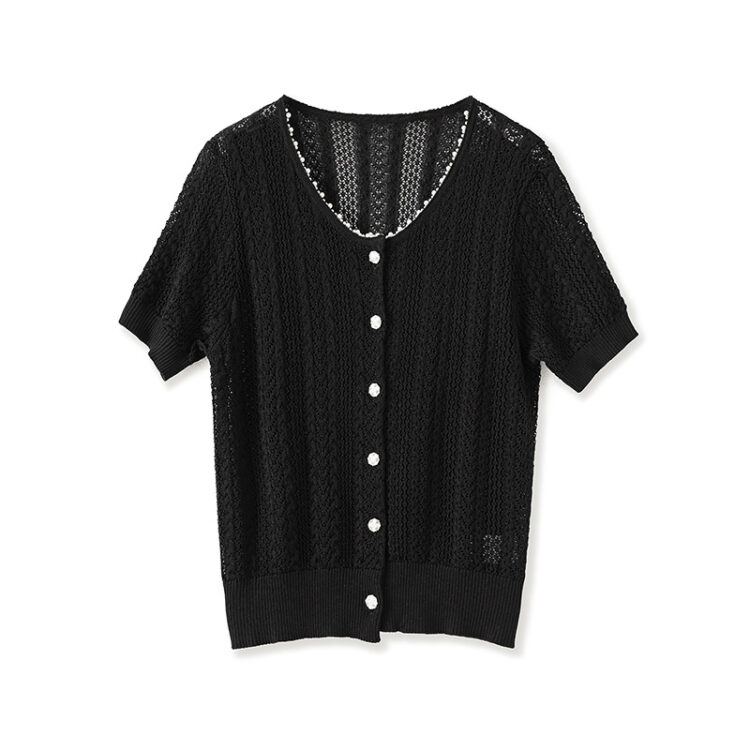 Beaded Round Neck Tencel Hollow Short Sleeve Cardigan