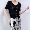 Beaded Round Neck Tencel Hollow Short Sleeve Cardigan