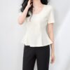 Beaded round neck waisted fishtail short sleeve top