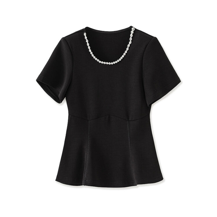 Beaded round neck waisted fishtail short sleeve top