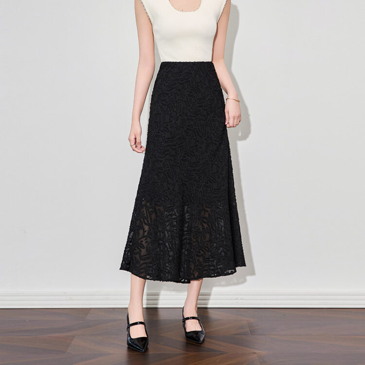 Beige and black commuter elastic waist chiffon skirt