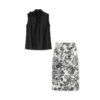 Black Bow Tie Neck Sleeveless Top and Printed Skirt Set 7