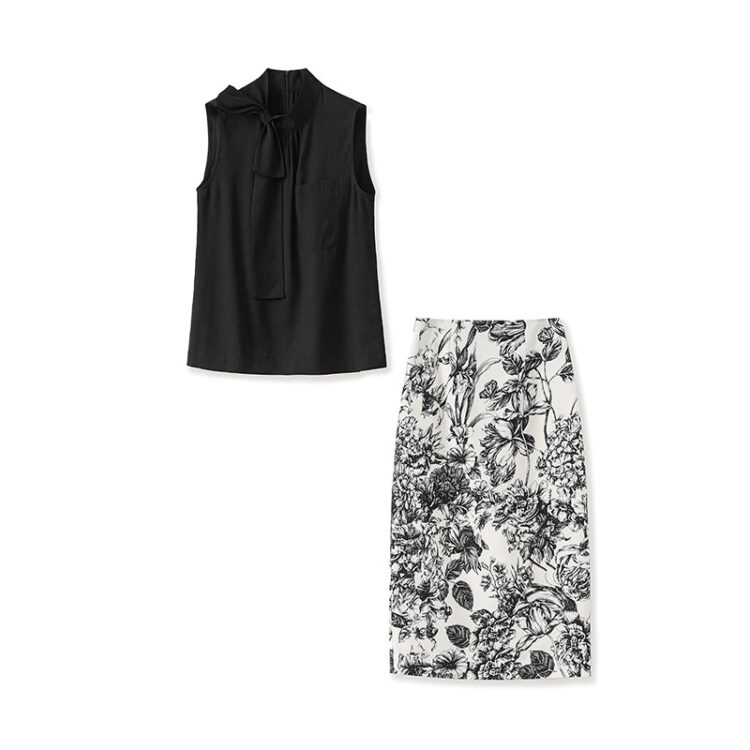Black Bow Tie Neck Sleeveless Top and Printed Skirt Set