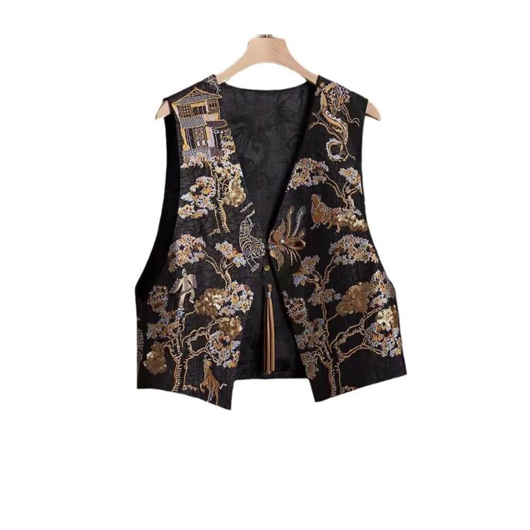 Black Silk Embroidered Beaded Vest